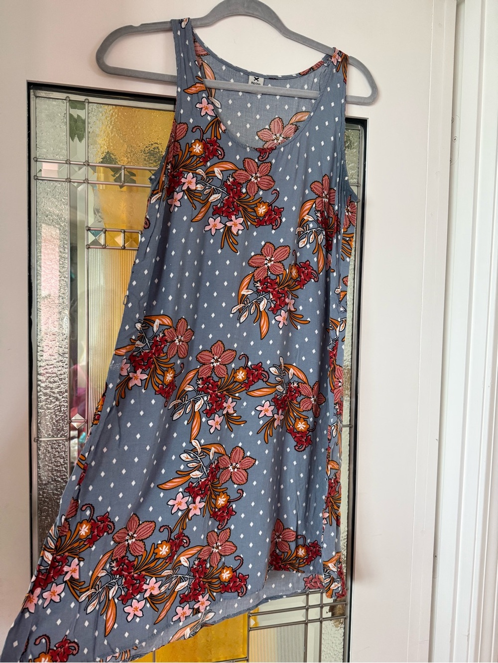 Ring Slate Blue Floral A-Line Dress with Coral and Mustard Accents